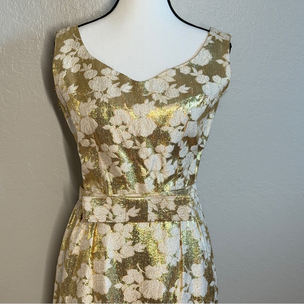 Vintage 60s Old Hollywood Gold Metallic Floral Brocade Maxi Dress XS/S